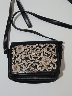 American West Bandana Black Crossbody Bag with Cream Floral Embroidery